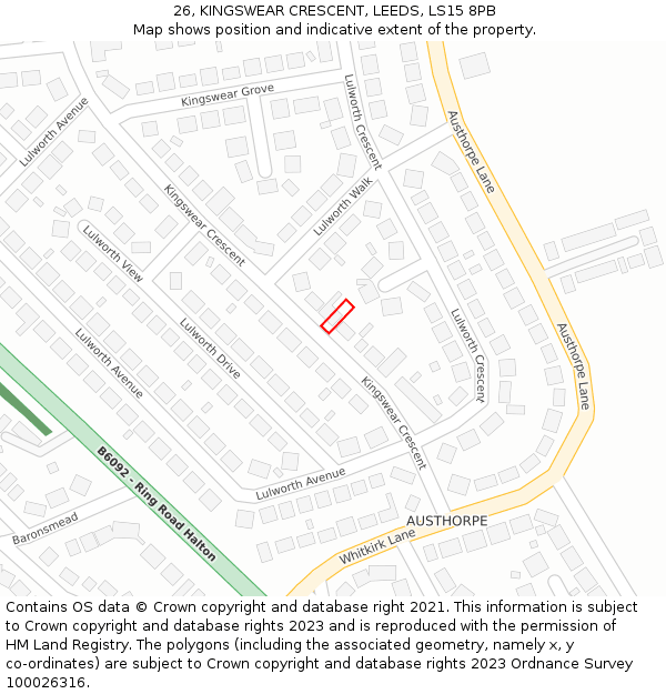 26, KINGSWEAR CRESCENT, LEEDS, LS15 8PB: Location map and indicative extent of plot