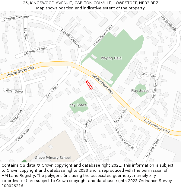 26, KINGSWOOD AVENUE, CARLTON COLVILLE, LOWESTOFT, NR33 8BZ: Location map and indicative extent of plot