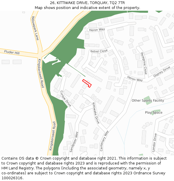 26, KITTIWAKE DRIVE, TORQUAY, TQ2 7TR: Location map and indicative extent of plot