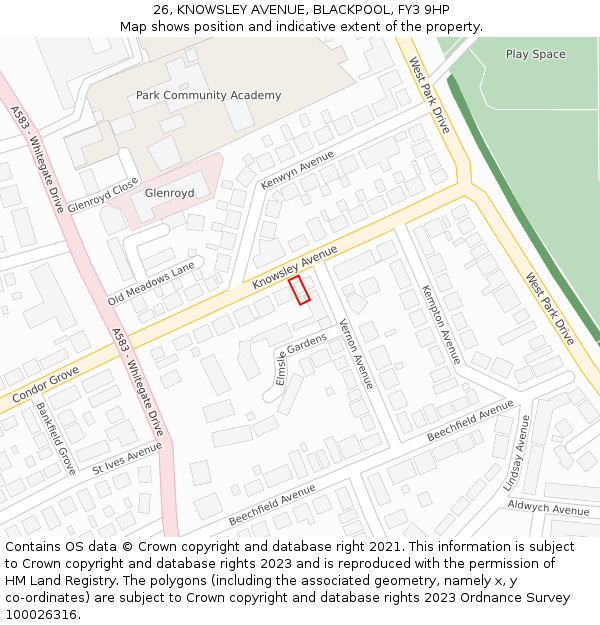 26, KNOWSLEY AVENUE, BLACKPOOL, FY3 9HP: Location map and indicative extent of plot