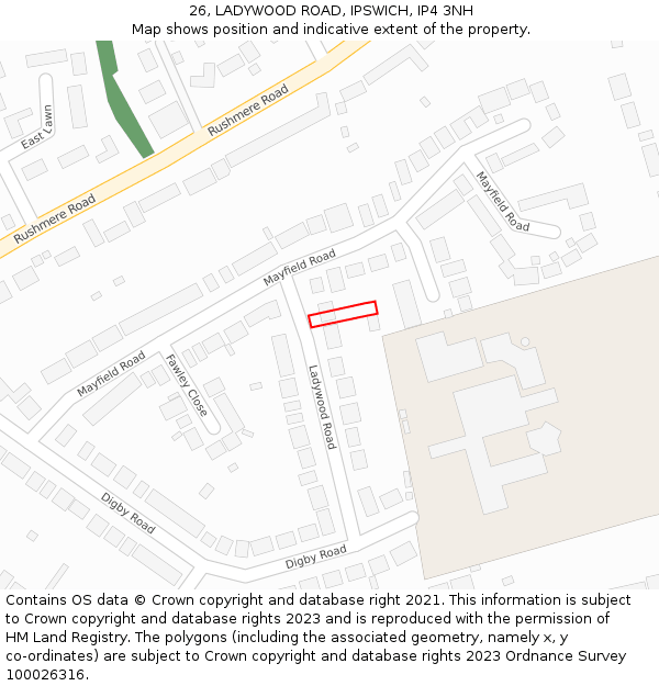 26, LADYWOOD ROAD, IPSWICH, IP4 3NH: Location map and indicative extent of plot