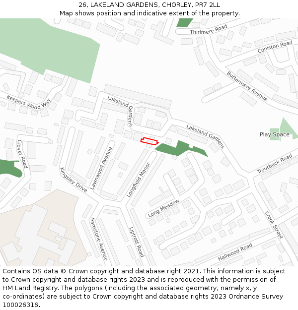 26, LAKELAND GARDENS, CHORLEY, PR7 2LL: Location map and indicative extent of plot