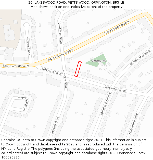 26, LAKESWOOD ROAD, PETTS WOOD, ORPINGTON, BR5 1BJ: Location map and indicative extent of plot