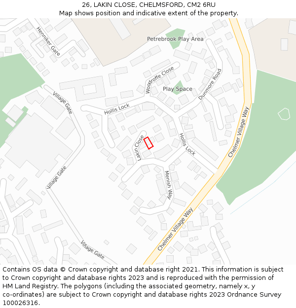 26, LAKIN CLOSE, CHELMSFORD, CM2 6RU: Location map and indicative extent of plot