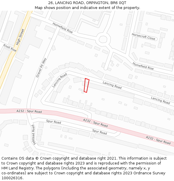 26, LANCING ROAD, ORPINGTON, BR6 0QT: Location map and indicative extent of plot