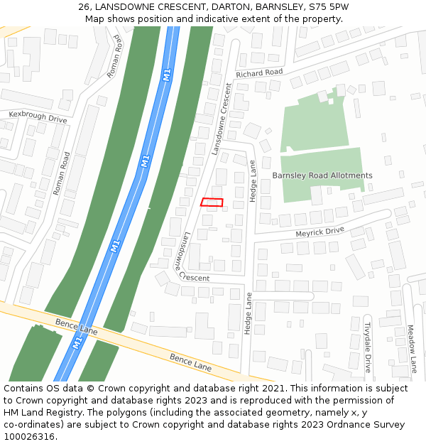 26, LANSDOWNE CRESCENT, DARTON, BARNSLEY, S75 5PW: Location map and indicative extent of plot