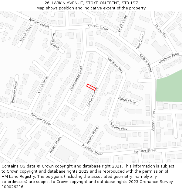 26, LARKIN AVENUE, STOKE-ON-TRENT, ST3 1SZ: Location map and indicative extent of plot