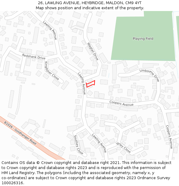 26, LAWLING AVENUE, HEYBRIDGE, MALDON, CM9 4YT: Location map and indicative extent of plot