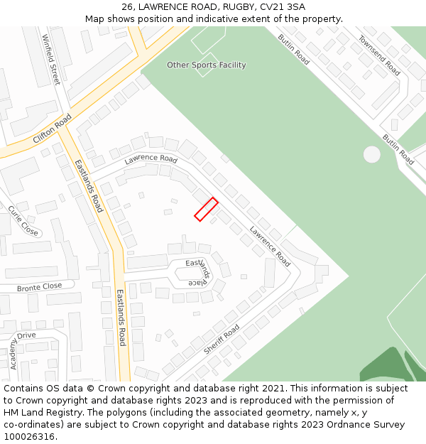 26, LAWRENCE ROAD, RUGBY, CV21 3SA: Location map and indicative extent of plot