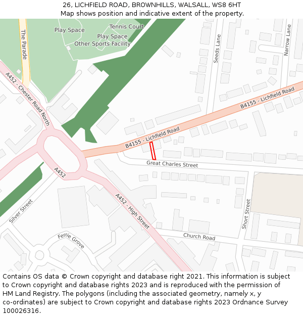 26, LICHFIELD ROAD, BROWNHILLS, WALSALL, WS8 6HT: Location map and indicative extent of plot