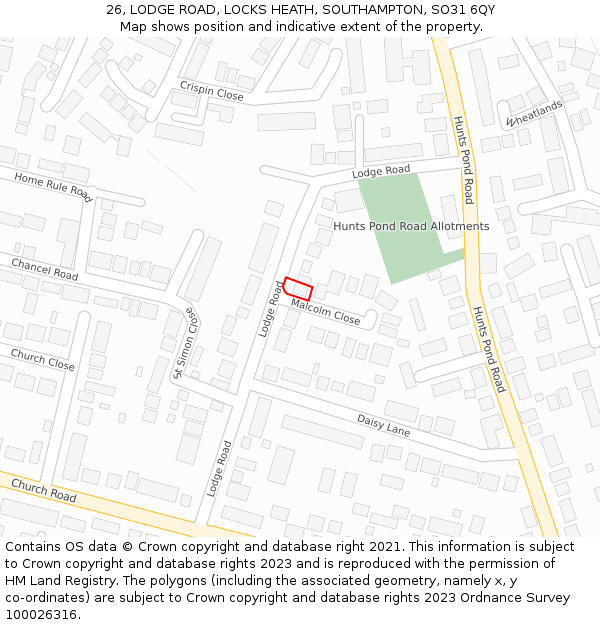 26, LODGE ROAD, LOCKS HEATH, SOUTHAMPTON, SO31 6QY: Location map and indicative extent of plot