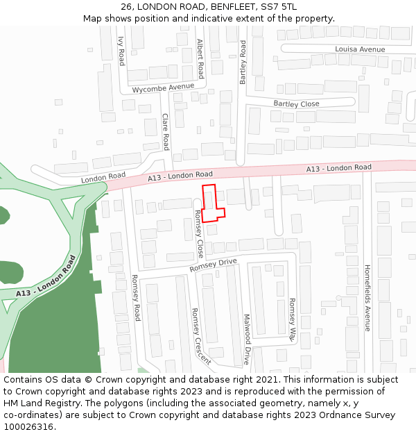 26, LONDON ROAD, BENFLEET, SS7 5TL: Location map and indicative extent of plot