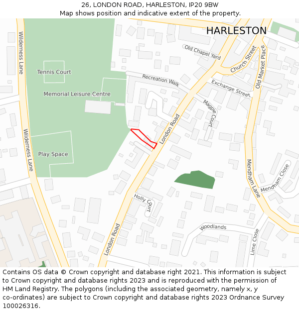 26, LONDON ROAD, HARLESTON, IP20 9BW: Location map and indicative extent of plot