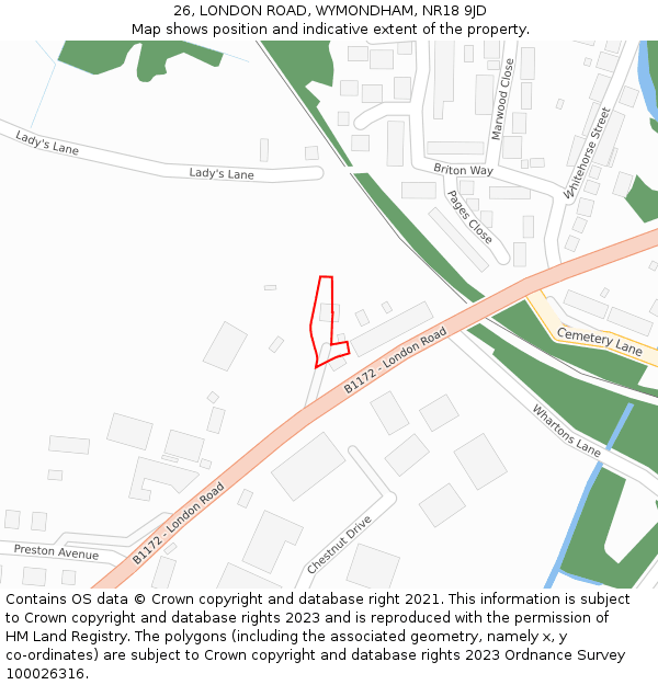 26, LONDON ROAD, WYMONDHAM, NR18 9JD: Location map and indicative extent of plot