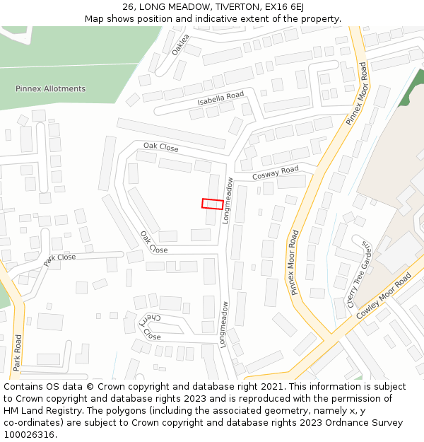 26, LONG MEADOW, TIVERTON, EX16 6EJ: Location map and indicative extent of plot