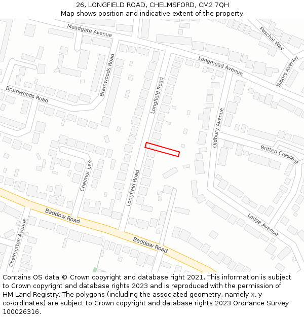 26, LONGFIELD ROAD, CHELMSFORD, CM2 7QH: Location map and indicative extent of plot