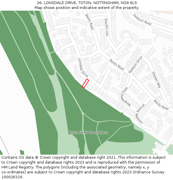 26, LONSDALE DRIVE, TOTON, NOTTINGHAM, NG9 6LS: Location map and indicative extent of plot