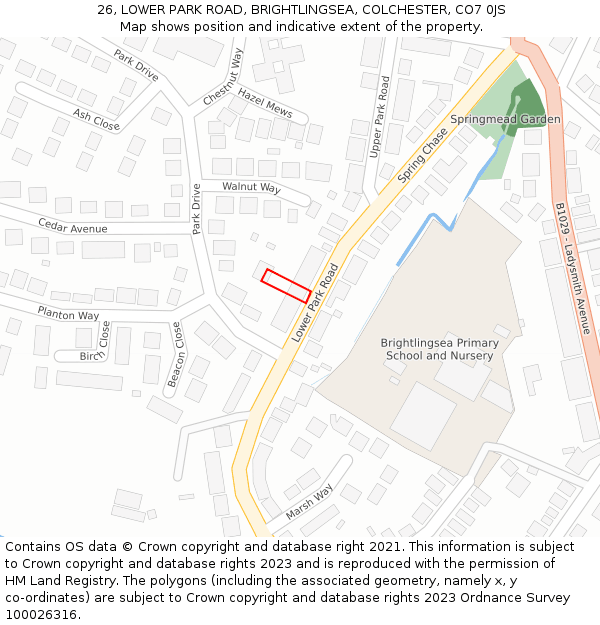 26, LOWER PARK ROAD, BRIGHTLINGSEA, COLCHESTER, CO7 0JS: Location map and indicative extent of plot