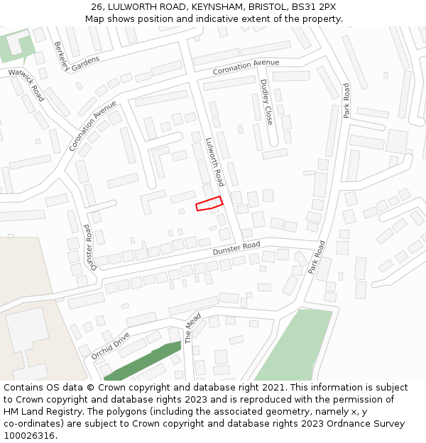 26, LULWORTH ROAD, KEYNSHAM, BRISTOL, BS31 2PX: Location map and indicative extent of plot