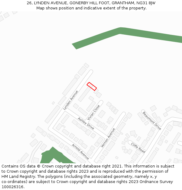 26, LYNDEN AVENUE, GONERBY HILL FOOT, GRANTHAM, NG31 8JW: Location map and indicative extent of plot