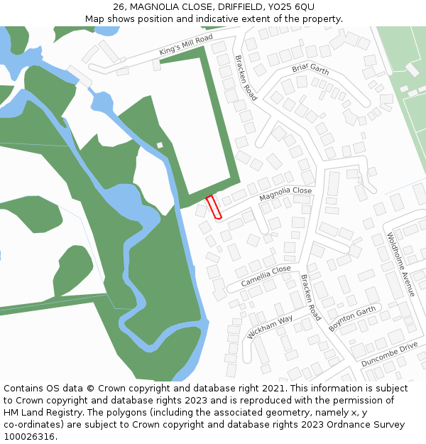 26, MAGNOLIA CLOSE, DRIFFIELD, YO25 6QU: Location map and indicative extent of plot