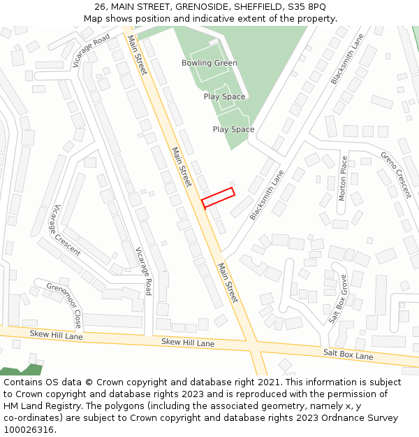 26, MAIN STREET, GRENOSIDE, SHEFFIELD, S35 8PQ: Location map and indicative extent of plot