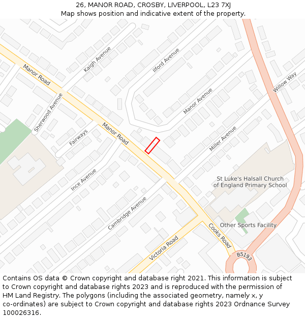 26, MANOR ROAD, CROSBY, LIVERPOOL, L23 7XJ: Location map and indicative extent of plot