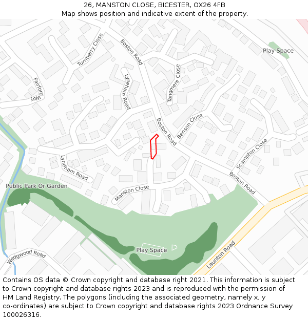 26, MANSTON CLOSE, BICESTER, OX26 4FB: Location map and indicative extent of plot