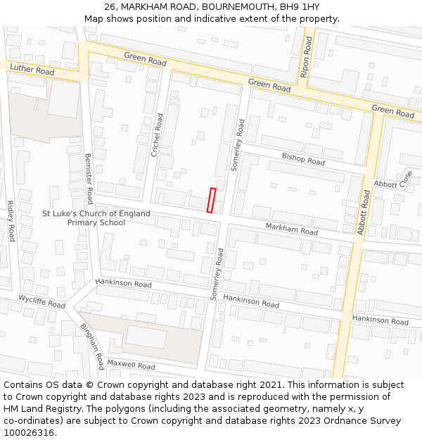 26, MARKHAM ROAD, BOURNEMOUTH, BH9 1HY: Location map and indicative extent of plot