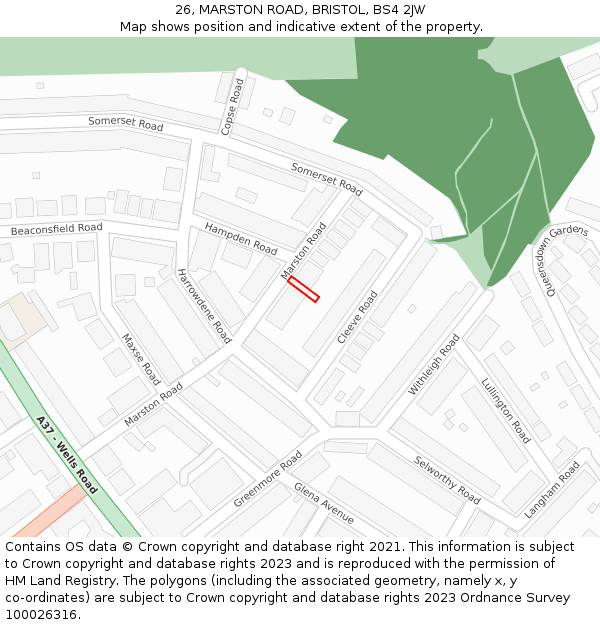 26, MARSTON ROAD, BRISTOL, BS4 2JW: Location map and indicative extent of plot