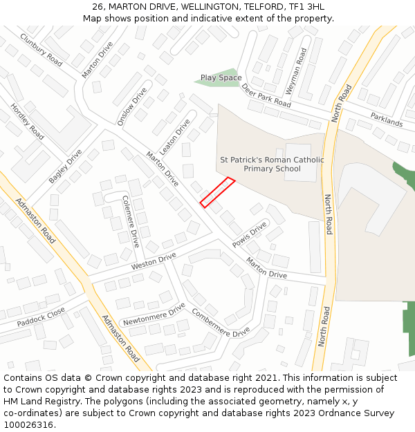 26, MARTON DRIVE, WELLINGTON, TELFORD, TF1 3HL: Location map and indicative extent of plot