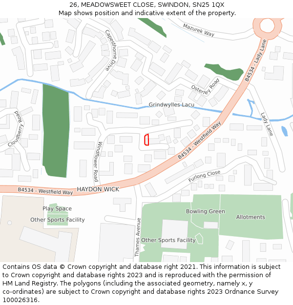26, MEADOWSWEET CLOSE, SWINDON, SN25 1QX: Location map and indicative extent of plot