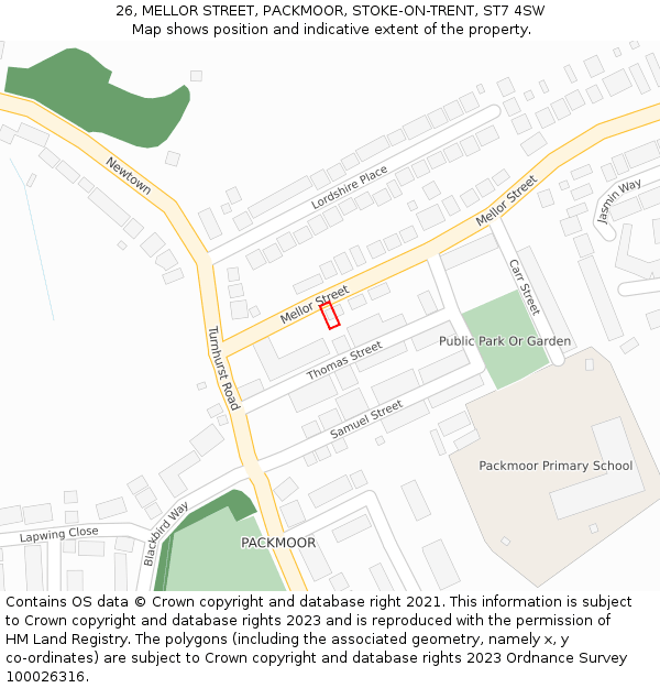 26, MELLOR STREET, PACKMOOR, STOKE-ON-TRENT, ST7 4SW: Location map and indicative extent of plot