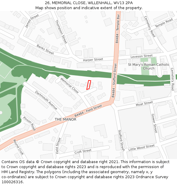 26, MEMORIAL CLOSE, WILLENHALL, WV13 2PA: Location map and indicative extent of plot