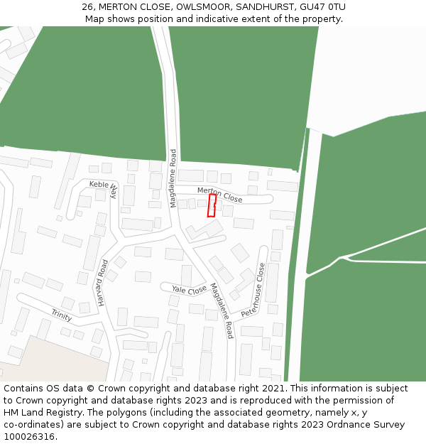 26, MERTON CLOSE, OWLSMOOR, SANDHURST, GU47 0TU: Location map and indicative extent of plot
