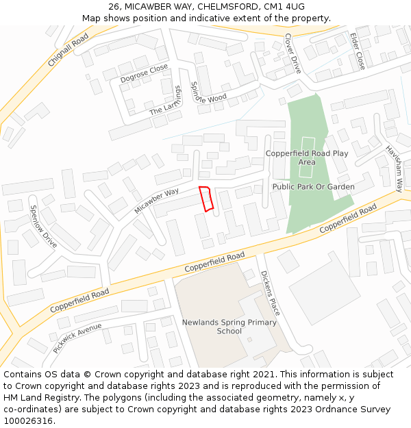 26, MICAWBER WAY, CHELMSFORD, CM1 4UG: Location map and indicative extent of plot