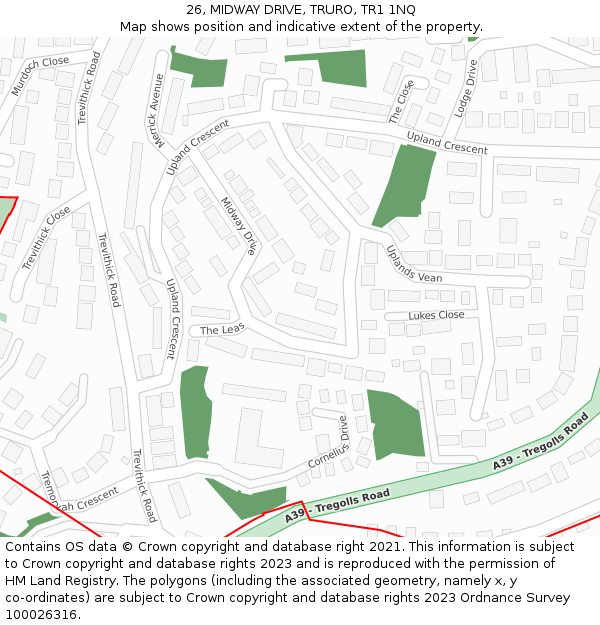 26, MIDWAY DRIVE, TRURO, TR1 1NQ: Location map and indicative extent of plot