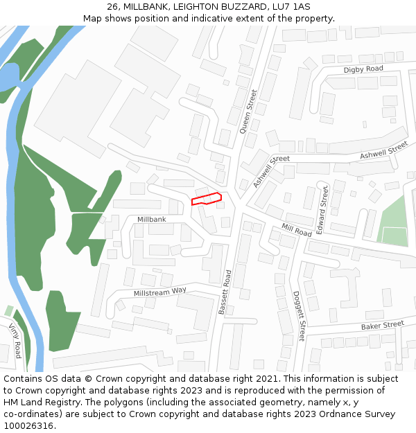 26, MILLBANK, LEIGHTON BUZZARD, LU7 1AS: Location map and indicative extent of plot