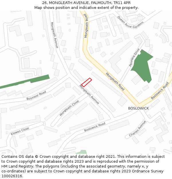 26, MONGLEATH AVENUE, FALMOUTH, TR11 4PR: Location map and indicative extent of plot