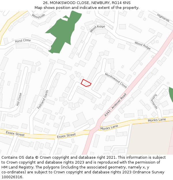 26, MONKSWOOD CLOSE, NEWBURY, RG14 6NS: Location map and indicative extent of plot