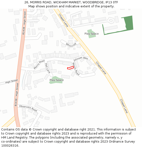 26, MORRIS ROAD, WICKHAM MARKET, WOODBRIDGE, IP13 0TF: Location map and indicative extent of plot