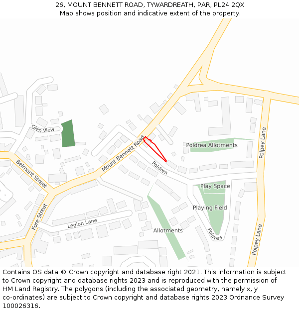 26, MOUNT BENNETT ROAD, TYWARDREATH, PAR, PL24 2QX: Location map and indicative extent of plot