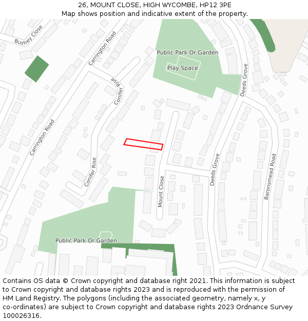 26, MOUNT CLOSE, HIGH WYCOMBE, HP12 3PE: Location map and indicative extent of plot