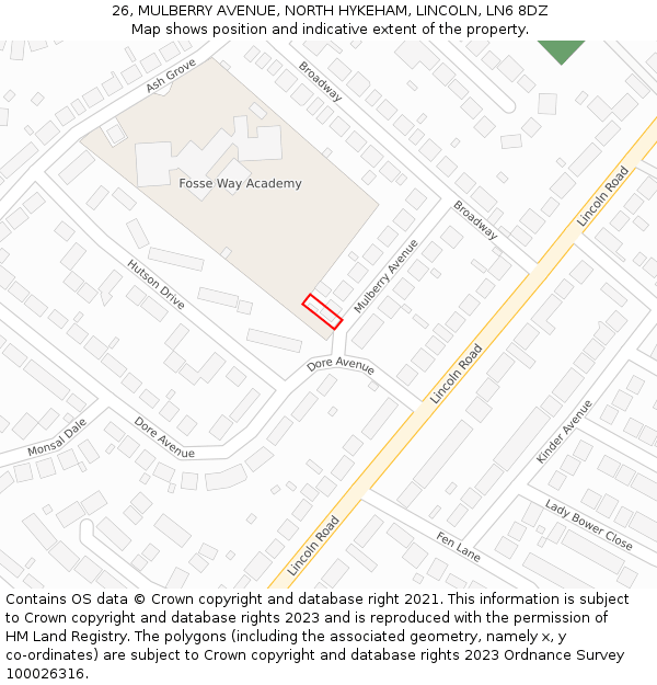 26, MULBERRY AVENUE, NORTH HYKEHAM, LINCOLN, LN6 8DZ: Location map and indicative extent of plot