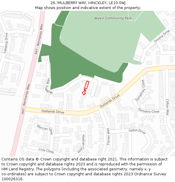 26, MULBERRY WAY, HINCKLEY, LE10 0WJ: Location map and indicative extent of plot
