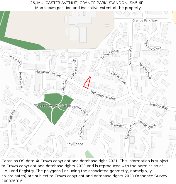 26, MULCASTER AVENUE, GRANGE PARK, SWINDON, SN5 6EH: Location map and indicative extent of plot