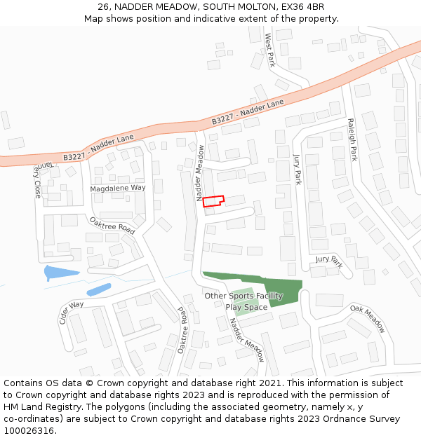 26, NADDER MEADOW, SOUTH MOLTON, EX36 4BR: Location map and indicative extent of plot