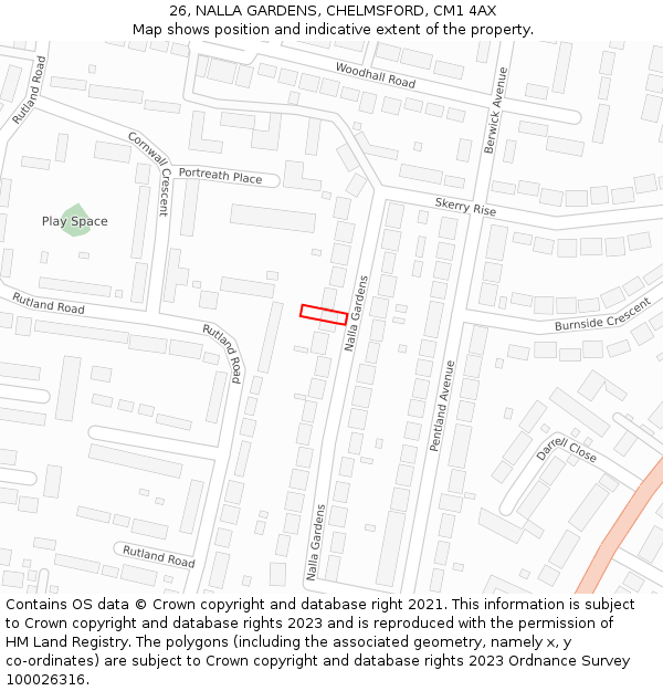 26, NALLA GARDENS, CHELMSFORD, CM1 4AX: Location map and indicative extent of plot