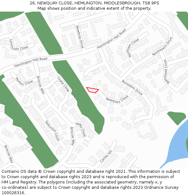 26, NEWQUAY CLOSE, HEMLINGTON, MIDDLESBROUGH, TS8 9PS: Location map and indicative extent of plot