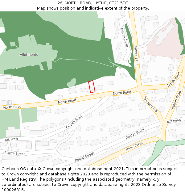 26, NORTH ROAD, HYTHE, CT21 5DT: Location map and indicative extent of plot